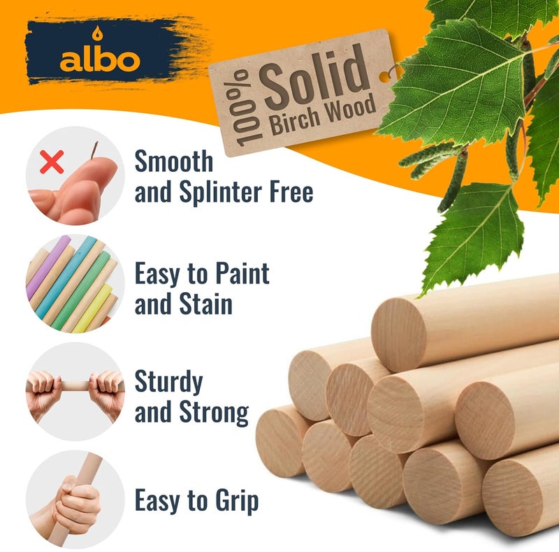 ALBO 1" x 48" Wooden Dowel Rods Set - 10 Pack Birch Natural Long Craft Sticks Rails Shelf Supports Garden Hardwood Smooth Finish Woodworking Material DIY Furniture Bulk Professional - Image 3